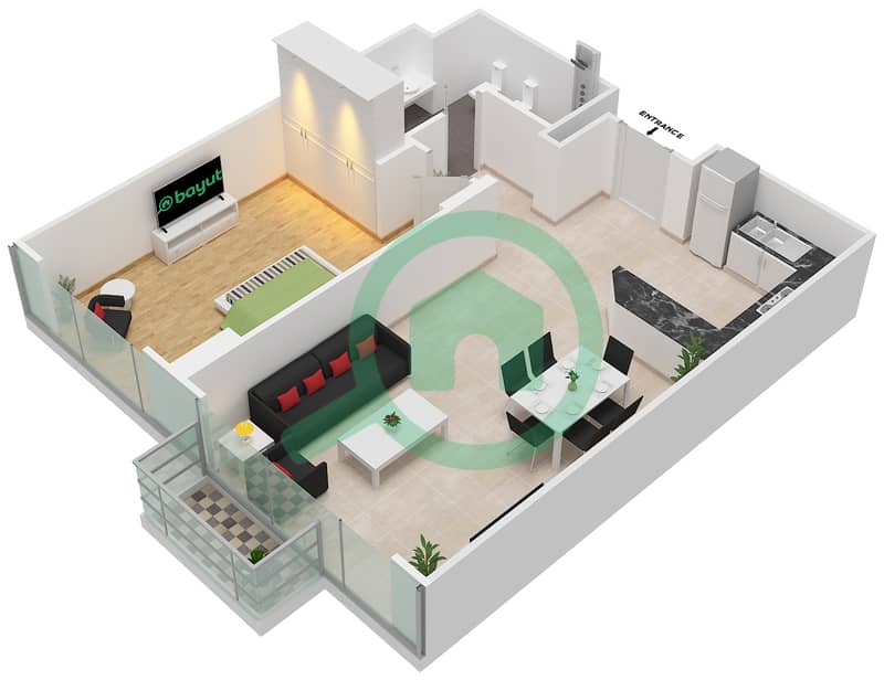 المخططات الطابقية لتصميم الوحدة 1 FLOOR L15 شقة 1 غرفة نوم - برج المراد interactive3D