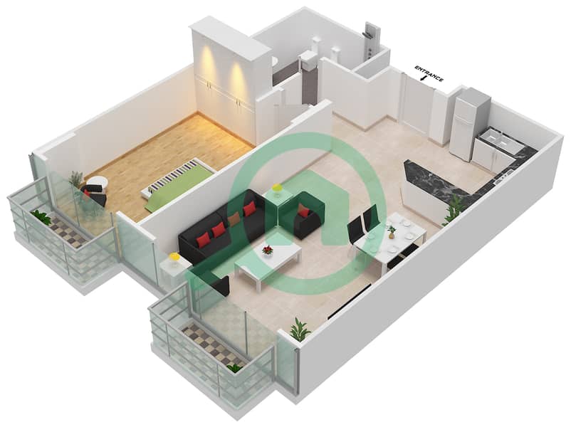 المخططات الطابقية لتصميم الوحدة 2 FLOOR L14 شقة 1 غرفة نوم - برج المراد interactive3D