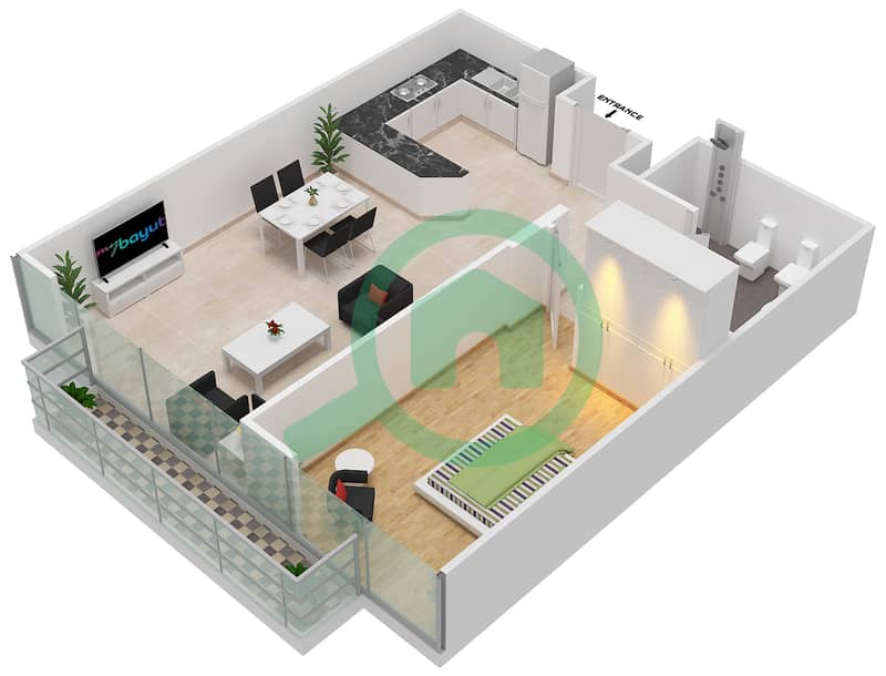 المخططات الطابقية لتصميم الوحدة 11 FLOOR L12 شقة 1 غرفة نوم - برج المراد interactive3D