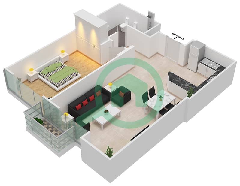 المخططات الطابقية لتصميم الوحدة 9 FLOOR L12 شقة 1 غرفة نوم - برج المراد interactive3D