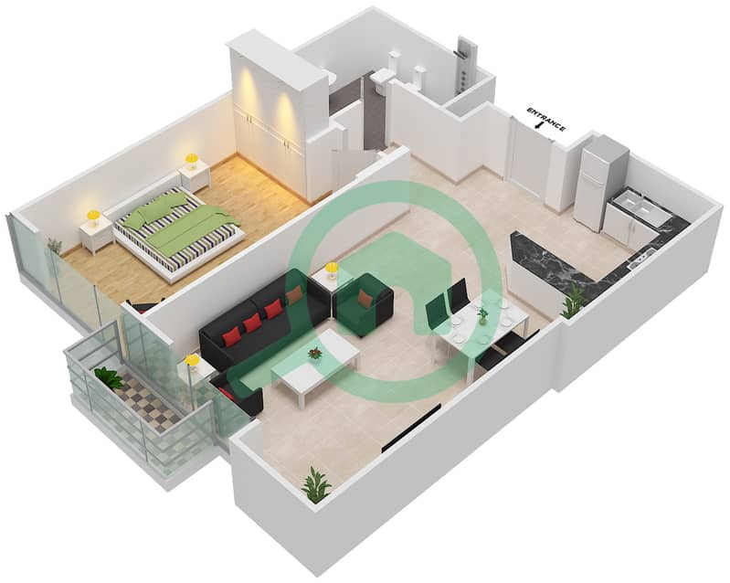 المخططات الطابقية لتصميم الوحدة 9 FLOOR L15 شقة 1 غرفة نوم - برج المراد interactive3D