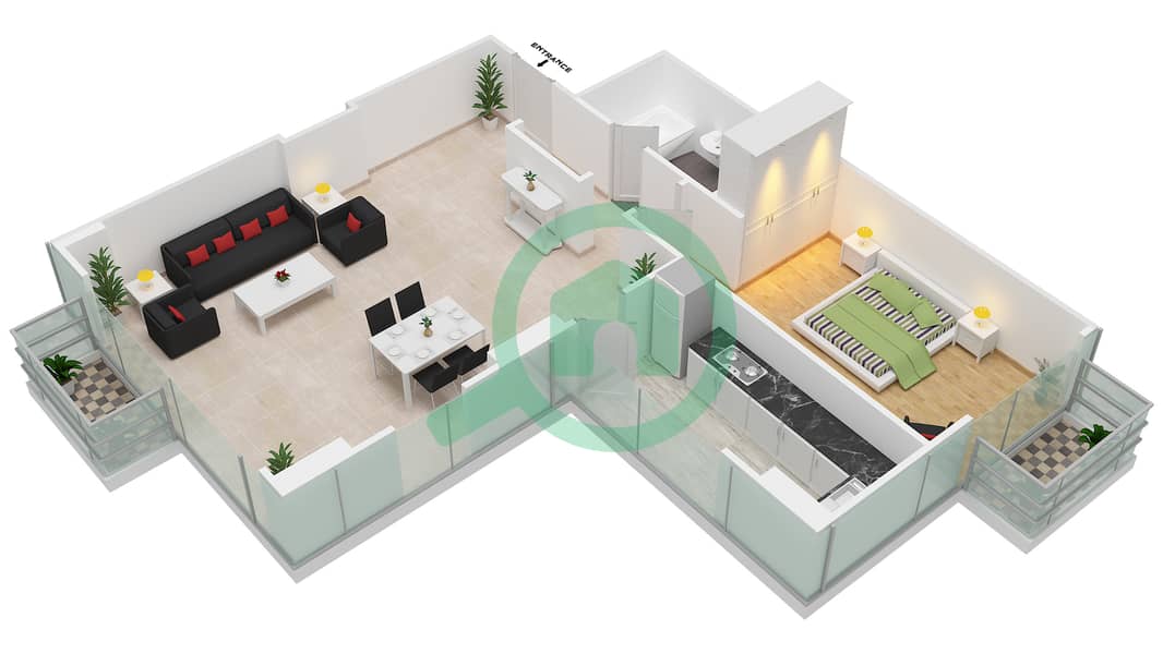 المخططات الطابقية لتصميم الوحدة 6 FLOOR L16 شقة 1 غرفة نوم - برج المراد interactive3D