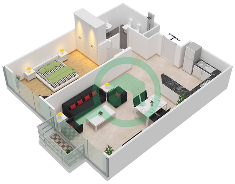 阿尔穆拉德大厦 - 1 卧室公寓单位7 FLOOR L16戶型图 interactive3D