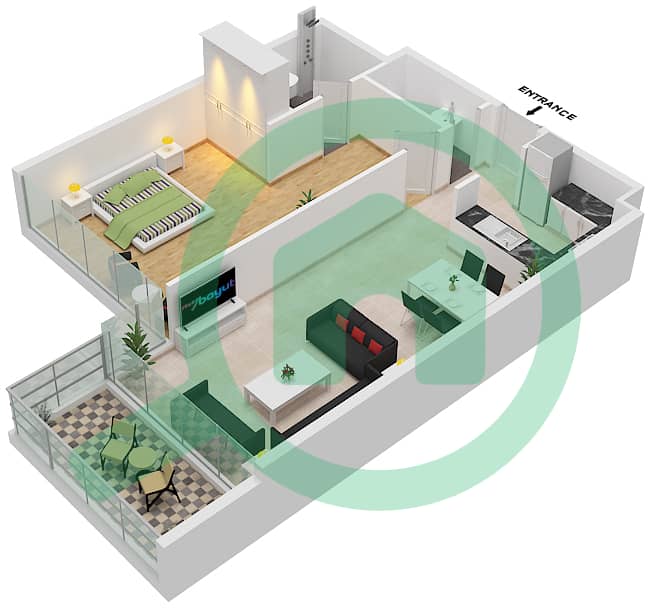 المخططات الطابقية لتصميم النموذج E1 شقة 1 غرفة نوم - أرتيسيا C interactive3D