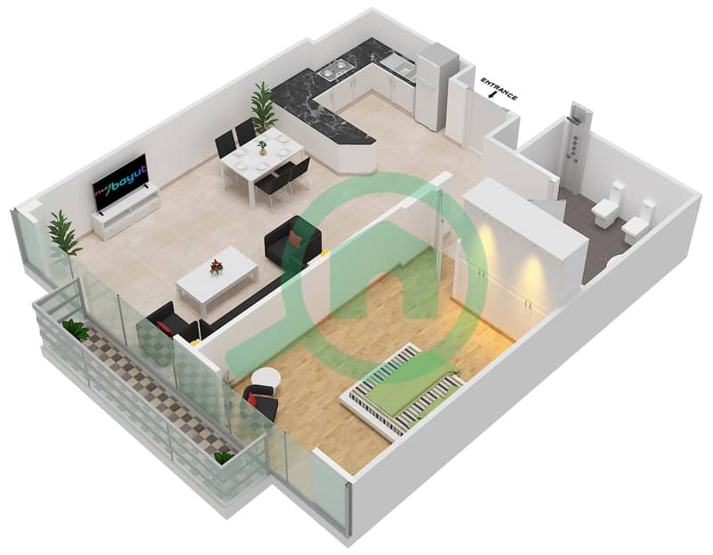 المخططات الطابقية لتصميم الوحدة 3 FLOOR L17 شقة 1 غرفة نوم - برج المراد interactive3D