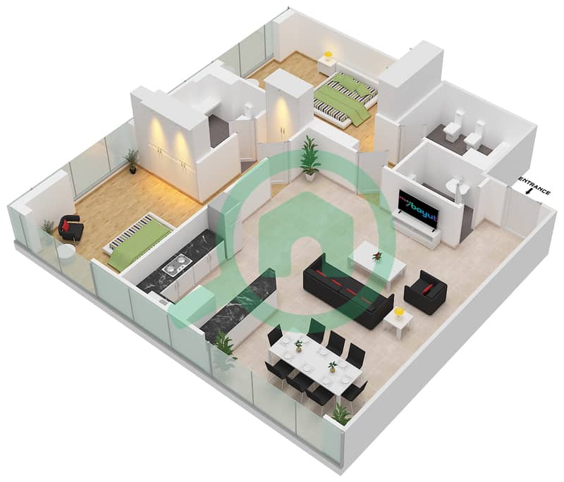 المخططات الطابقية لتصميم الوحدة 1 FLOOR L3-L7 شقة 2 غرفة نوم - برج المراد interactive3D