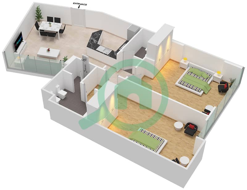 المخططات الطابقية لتصميم الوحدة 11 FLOOR L3-L7 شقة 2 غرفة نوم - برج المراد interactive3D