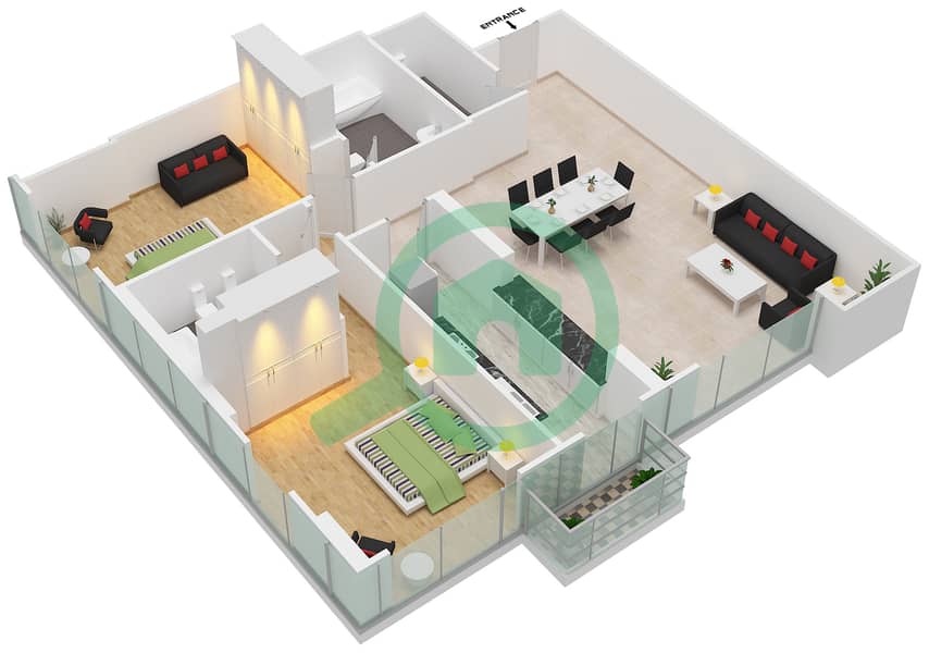 المخططات الطابقية لتصميم الوحدة 4 FLOOR L8 شقة 2 غرفة نوم - برج المراد interactive3D
