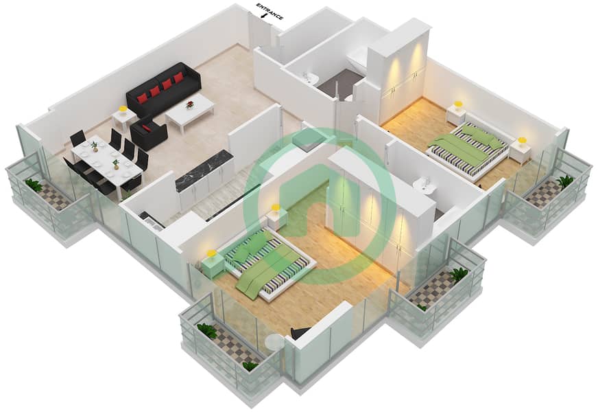 المخططات الطابقية لتصميم الوحدة 7 FLOOR L8 شقة 2 غرفة نوم - برج المراد interactive3D