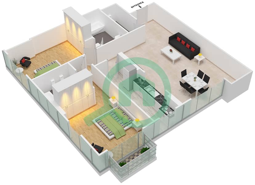 المخططات الطابقية لتصميم الوحدة 4 FLOOR L9-L11-L15 شقة 2 غرفة نوم - برج المراد interactive3D