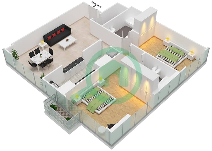 المخططات الطابقية لتصميم الوحدة 7 FLOOR L9 شقة 2 غرفة نوم - برج المراد interactive3D