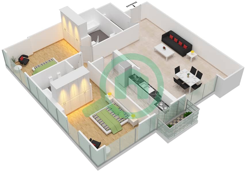 المخططات الطابقية لتصميم الوحدة 4 FLOOR L12 شقة 2 غرفة نوم - برج المراد interactive3D