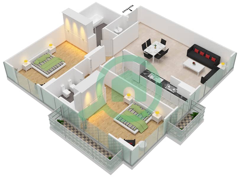 المخططات الطابقية لتصميم الوحدة 12 FLOOR L11 شقة 2 غرفة نوم - برج المراد interactive3D