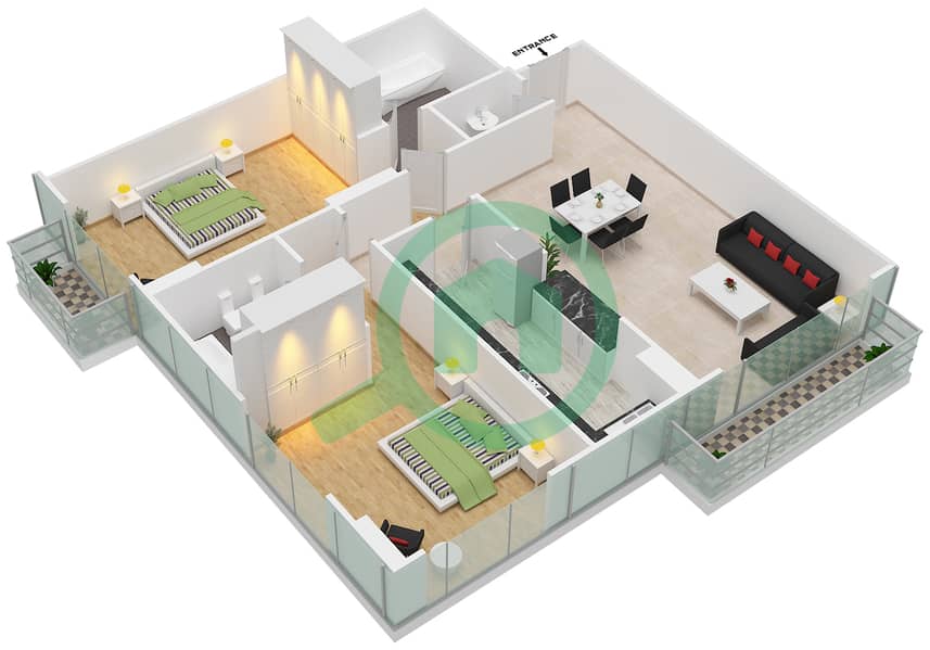 Аль Мурад Тауэр - Апартамент 2 Cпальни планировка Единица измерения 12 FLOOR L10 interactive3D