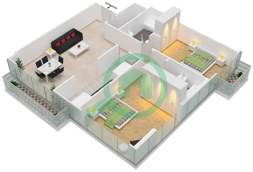 المخططات الطابقية لتصميم الوحدة 7 FLOOR L10 شقة 2 غرفة نوم - برج المراد interactive3D