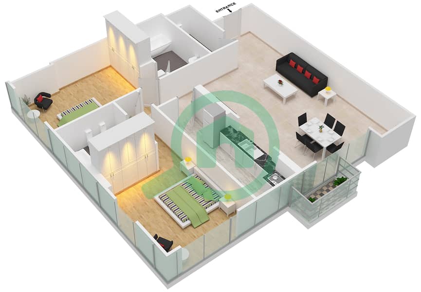 المخططات الطابقية لتصميم الوحدة 4 FLOOR L10 شقة 2 غرفة نوم - برج المراد interactive3D