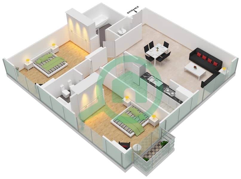 المخططات الطابقية لتصميم الوحدة 12 FLOOR L9 شقة 2 غرفة نوم - برج المراد interactive3D