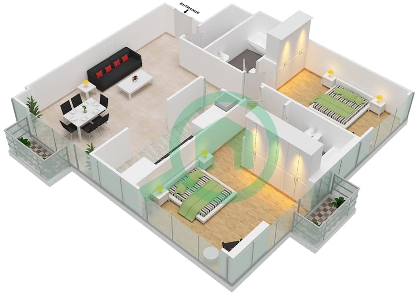 المخططات الطابقية لتصميم الوحدة 7 FLOOR L12 شقة 2 غرفة نوم - برج المراد interactive3D