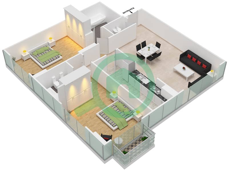 المخططات الطابقية لتصميم الوحدة 12 FLOOR L12 شقة 2 غرفة نوم - برج المراد interactive3D