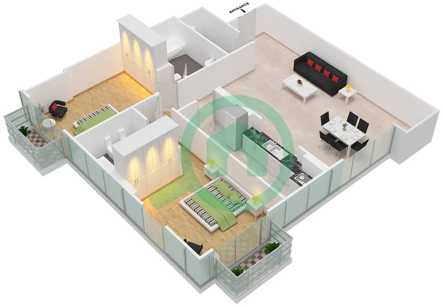المخططات الطابقية لتصميم الوحدة 4 FLOOR L14 شقة 2 غرفة نوم - برج المراد interactive3D