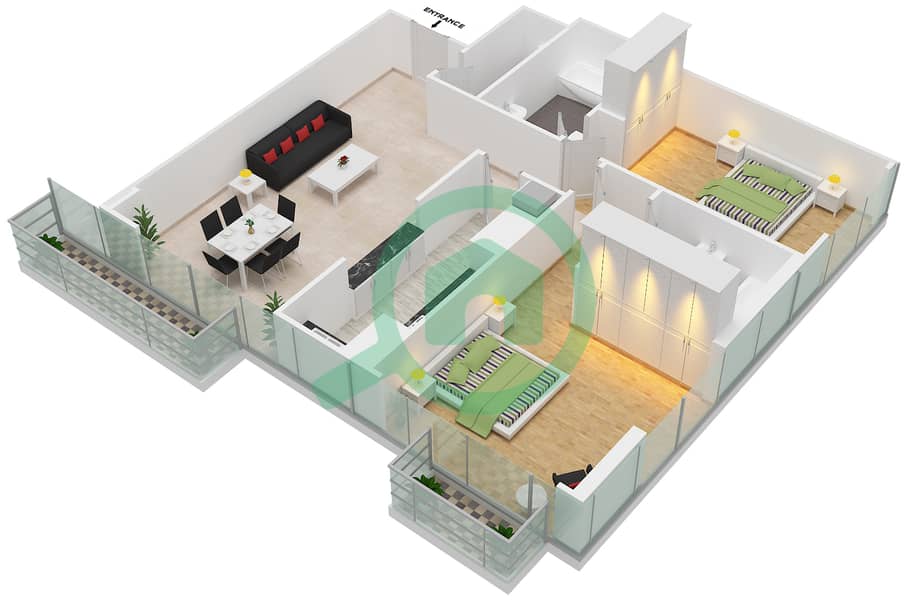 المخططات الطابقية لتصميم الوحدة 7 FLOOR L14 شقة 2 غرفة نوم - برج المراد interactive3D