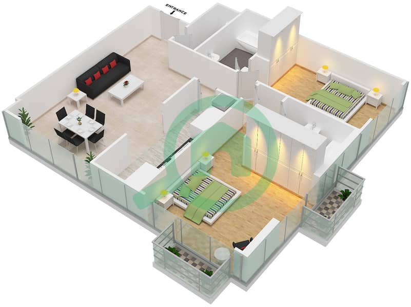 المخططات الطابقية لتصميم الوحدة 7 FLOOR L15 شقة 2 غرفة نوم - برج المراد interactive3D