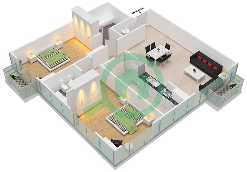 المخططات الطابقية لتصميم الوحدة 12 FLOOR L15 شقة 2 غرفة نوم - برج المراد interactive3D