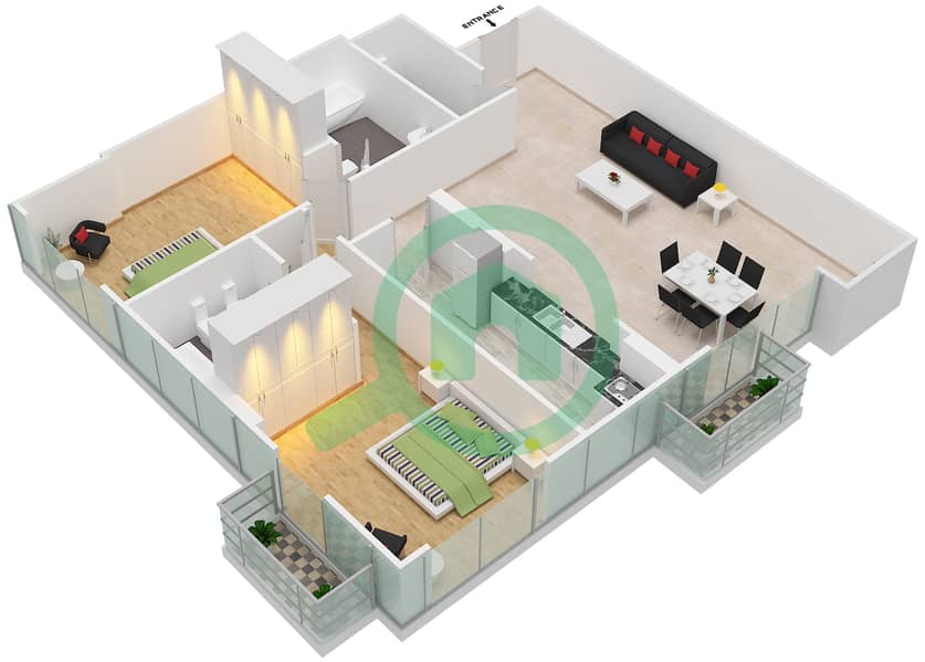 المخططات الطابقية لتصميم الوحدة 4 FLOOR L17 شقة 2 غرفة نوم - برج المراد interactive3D