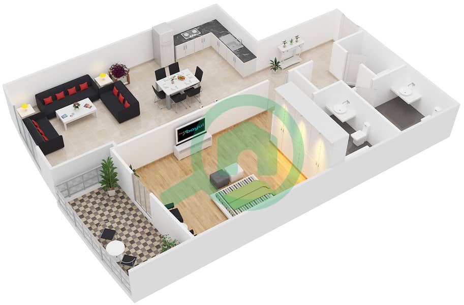 المخططات الطابقية لتصميم النموذج 11 شقة 1 غرفة نوم - برج O2 interactive3D