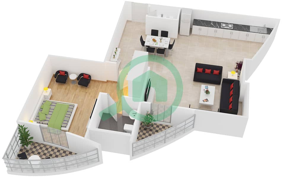 المخططات الطابقية لتصميم النموذج 9 شقة 1 غرفة نوم - برج O2 interactive3D