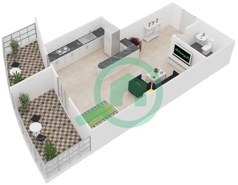 المخططات الطابقية لتصميم النموذج 4 شقة استوديو - برج O2 interactive3D