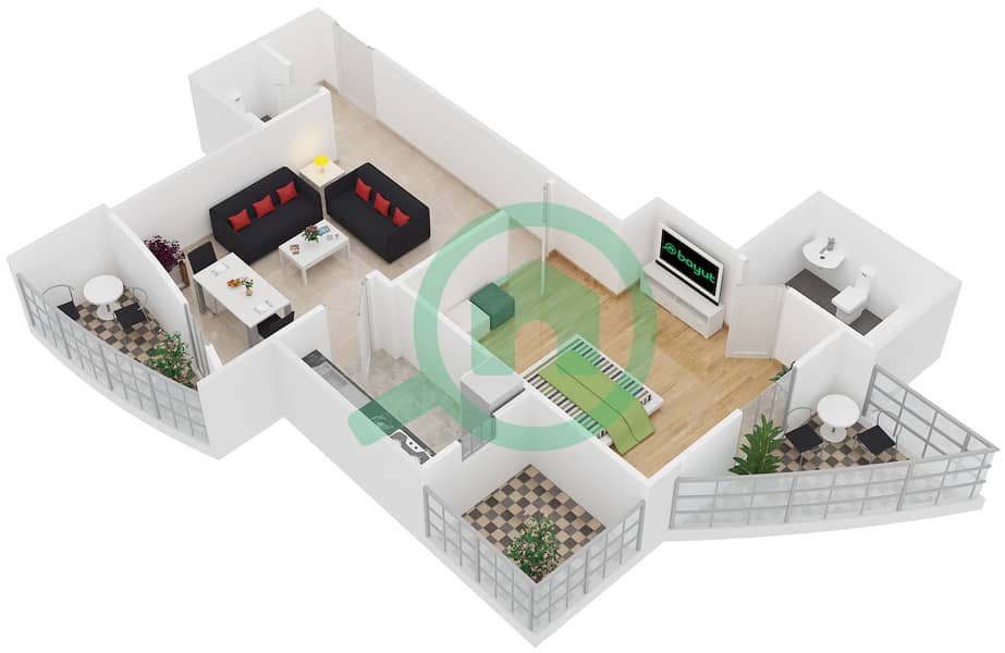 المخططات الطابقية لتصميم النموذج 3 شقة 1 غرفة نوم - برج O2 interactive3D