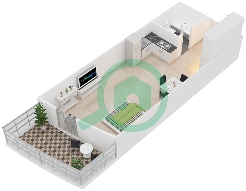 المخططات الطابقية لتصميم النموذج 1 شقة استوديو - برج O2 interactive3D