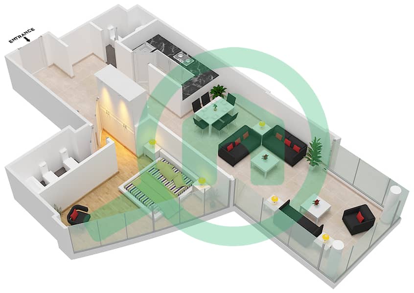 المخططات الطابقية لتصميم التصميم 7-B,15-A شقة 1 غرفة نوم - برج سكاي interactive3D