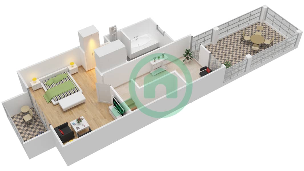 环形别墅区 - 1 卧室联排别墅类型B戶型图 interactive3D