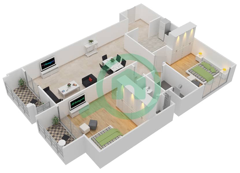 المخططات الطابقية لتصميم النموذج 1 شقة 2 غرفة نوم - ميلانو جيوفاني بوتيك سوتس interactive3D