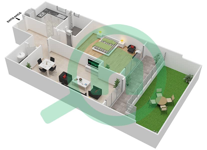 المخططات الطابقية لتصميم النموذج 1B شقة 1 غرفة نوم - مساكن مونتي كارلو interactive3D