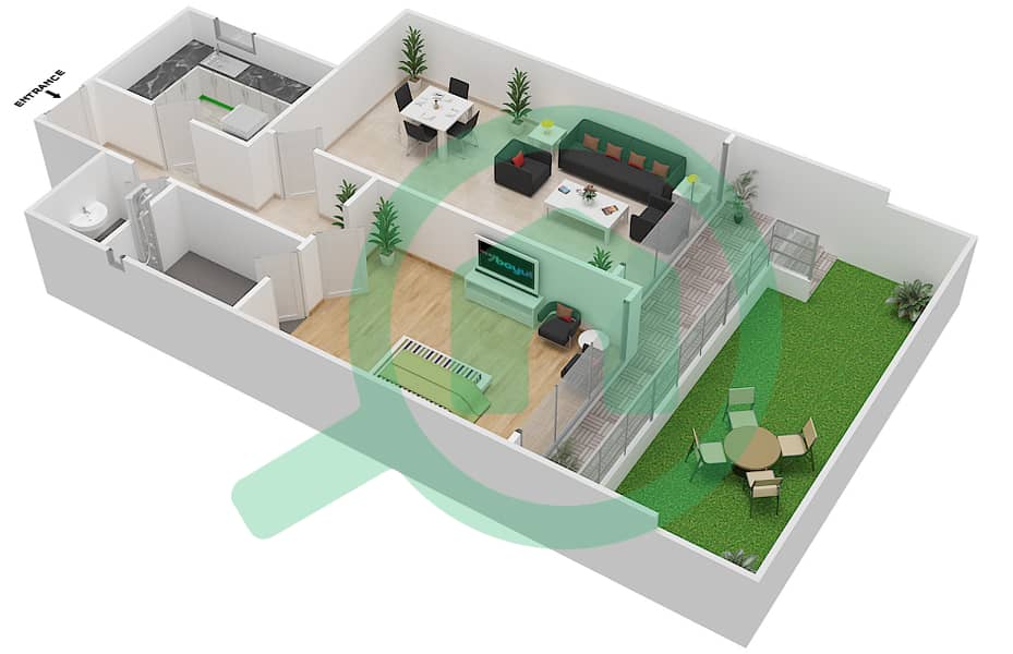 المخططات الطابقية لتصميم النموذج 1C شقة 1 غرفة نوم - مساكن مونتي كارلو interactive3D