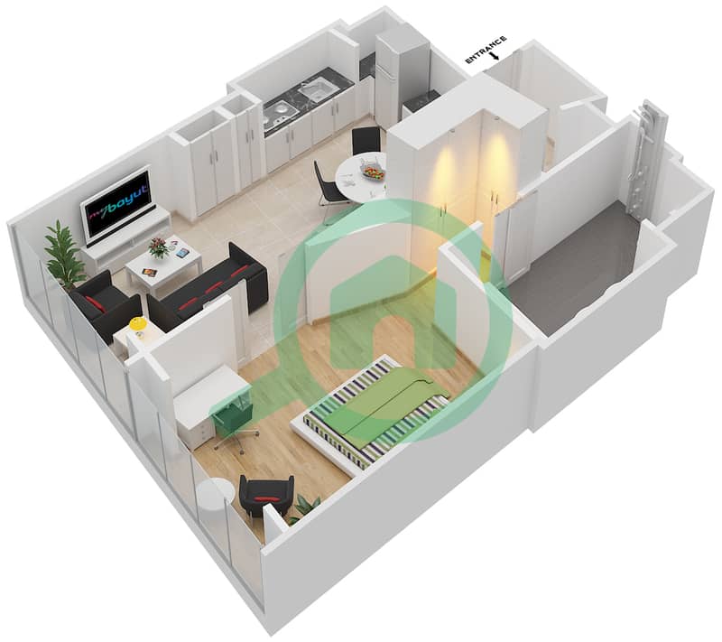 欧普斯公寓大楼 - 1 卧室公寓类型／单位RA/116,316戶型图 interactive3D