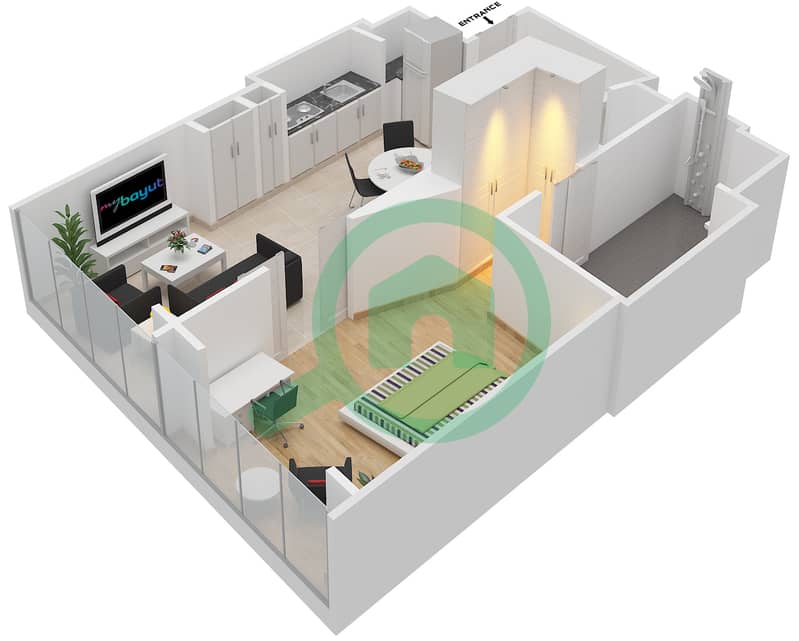 欧普斯公寓大楼 - 1 卧室公寓类型／单位RA/312戶型图 interactive3D