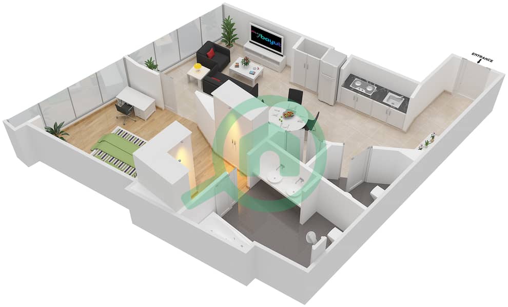 欧普斯公寓大楼 - 1 卧室公寓类型／单位RA/307戶型图 interactive3D