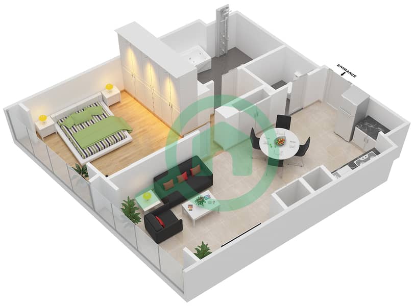 欧普斯公寓大楼 - 1 卧室公寓类型／单位RB/102戶型图 interactive3D