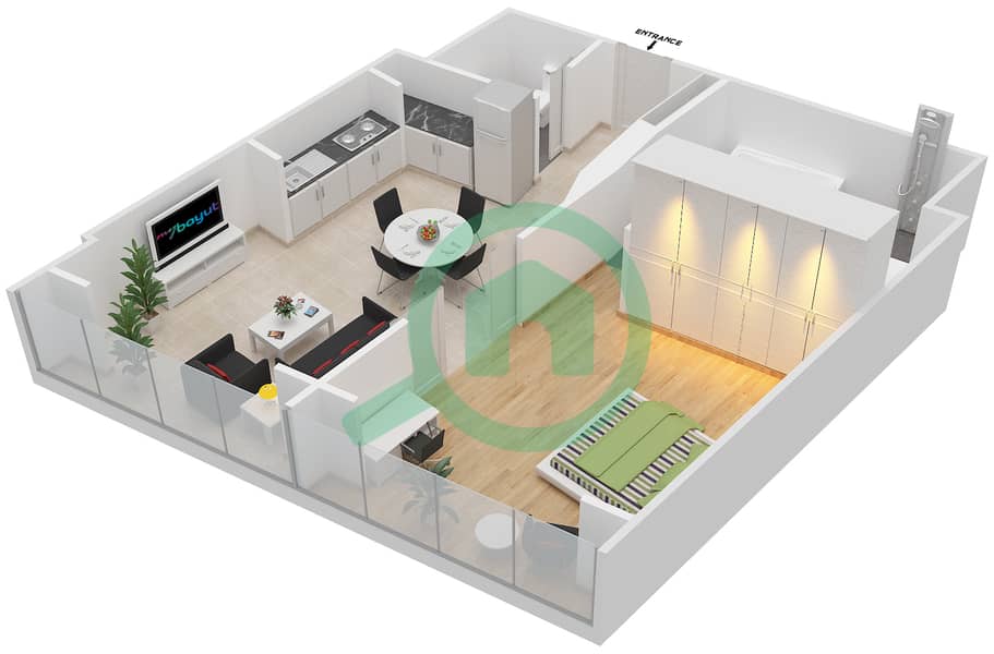 欧普斯公寓大楼 - 1 卧室公寓类型／单位RB/101戶型图 interactive3D