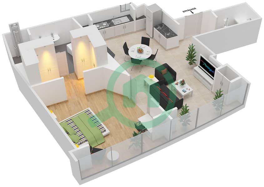 المخططات الطابقية لتصميم النموذج / الوحدة RB/105 شقة 1 غرفة نوم - ذا أوبوس interactive3D