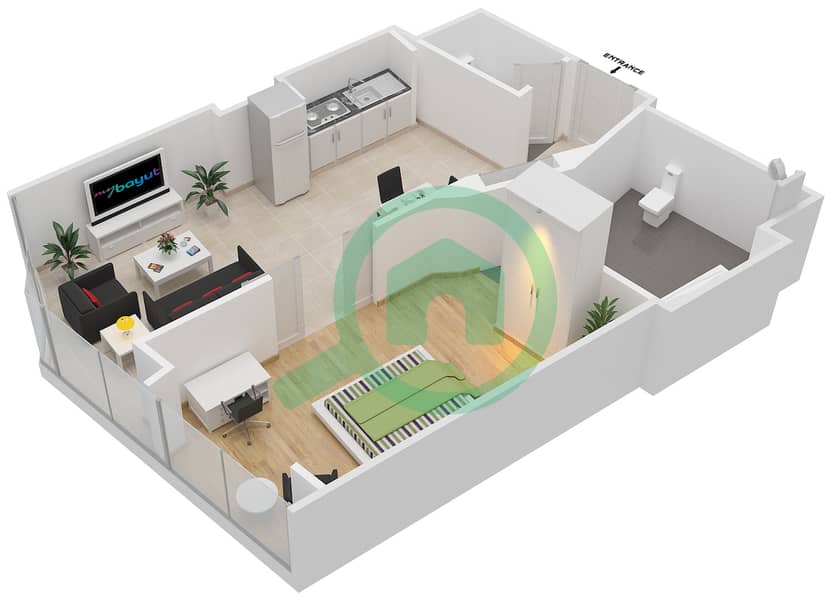 المخططات الطابقية لتصميم النموذج / الوحدة RB/106 شقة 1 غرفة نوم - ذا أوبوس interactive3D