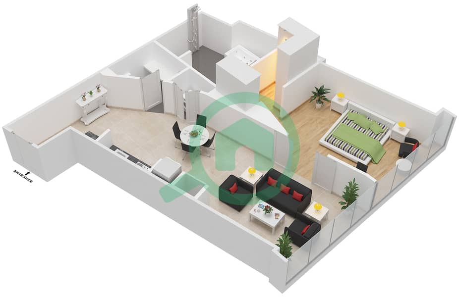 المخططات الطابقية لتصميم النموذج / الوحدة RB/118,318 شقة 1 غرفة نوم - ذا أوبوس interactive3D