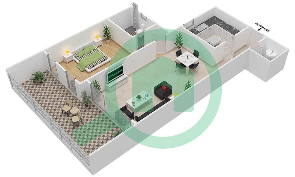 المخططات الطابقية لتصميم النموذج 1E شقة 1 غرفة نوم - مساكن مونتي كارلو interactive3D