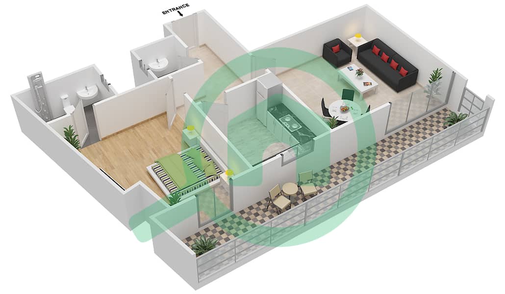 المخططات الطابقية لتصميم النموذج 1F شقة 1 غرفة نوم - مساكن مونتي كارلو interactive3D