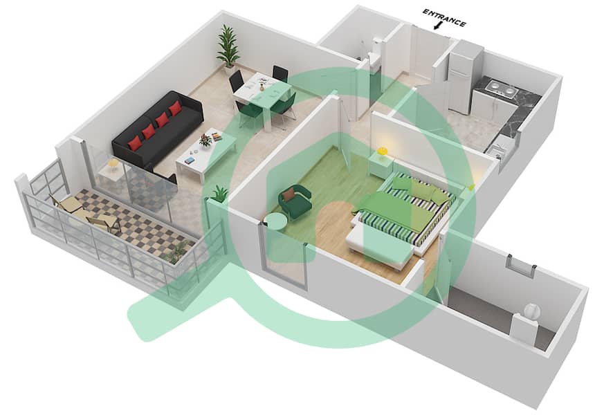 المخططات الطابقية لتصميم النموذج 1G شقة 1 غرفة نوم - مساكن مونتي كارلو interactive3D
