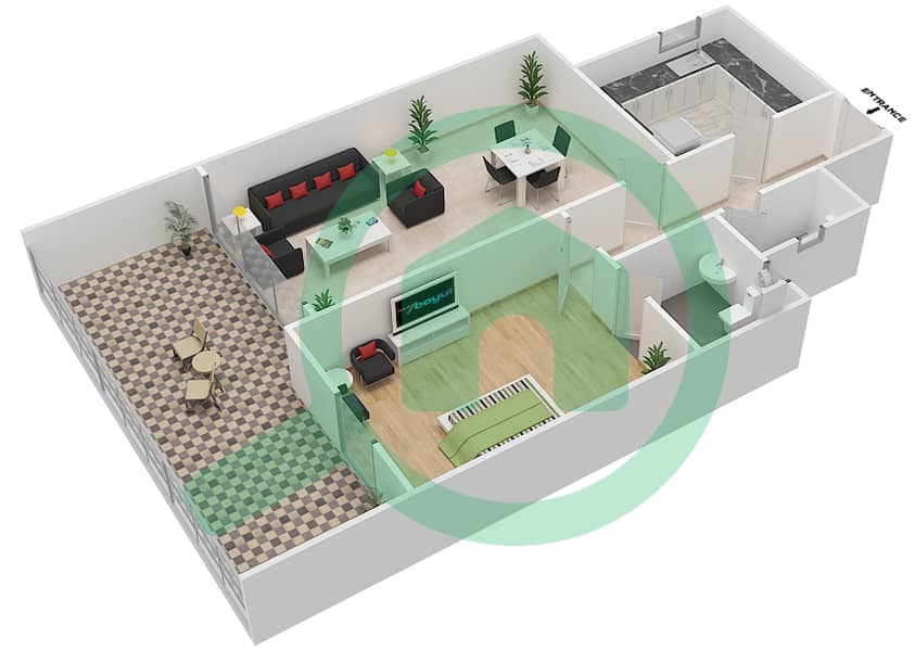 المخططات الطابقية لتصميم النموذج 1H شقة 1 غرفة نوم - مساكن مونتي كارلو interactive3D